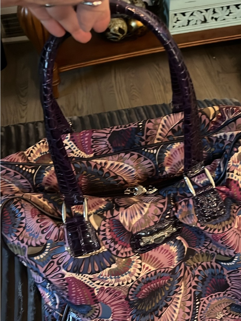 Kathy Van Zeeland Purple Floral Print Tote with Croc-Texture Trim